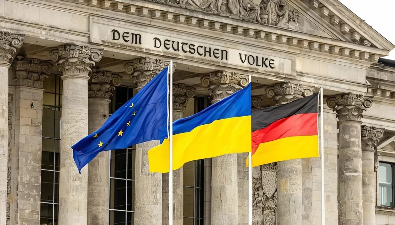 Прапори ЄС, України та Німеччини та фоні Бундестагу