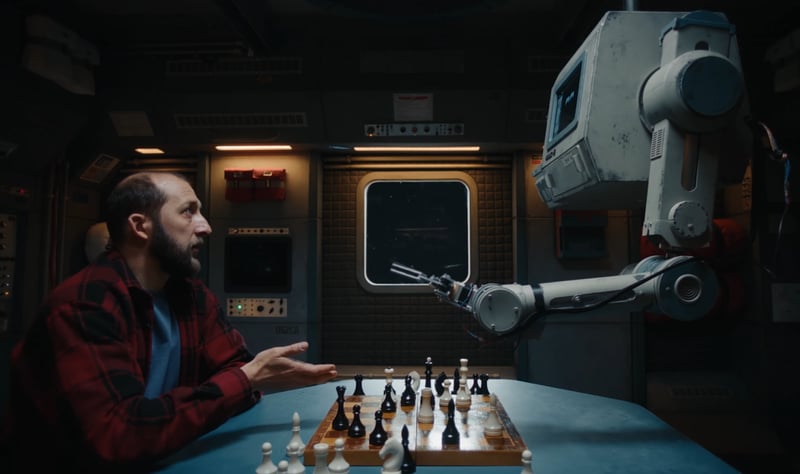 герой грає в шахи з роботом